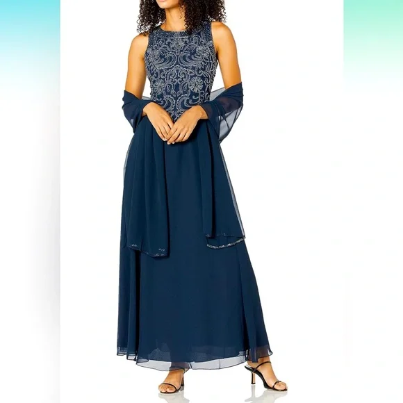 jkara scalloped beaded dress J KARA Women's Scalloped Beaded-Bodice V-Neck Gown Mercury Size 18 $339